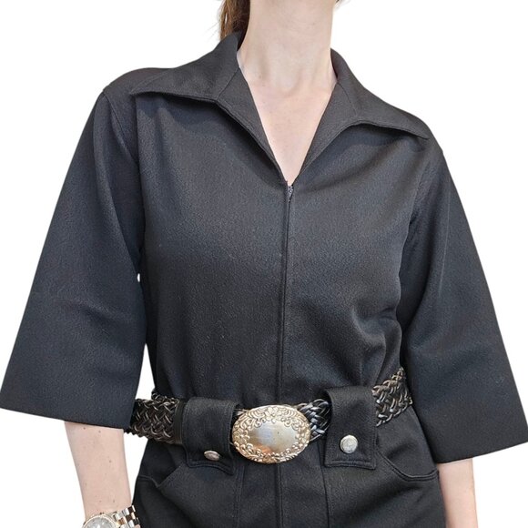 70s Womens Jumpsuit Black Wide Leg Zipup Polyester Disco Bellbottom Sz M 8 10 - Picture 5 of 12